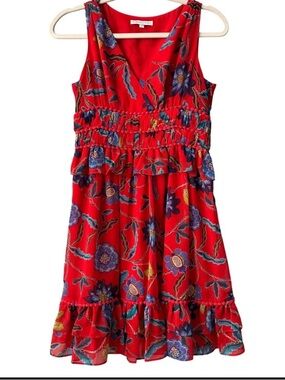Rebecca Minoff Floral V-Neck Sleeveless Dress - Red
